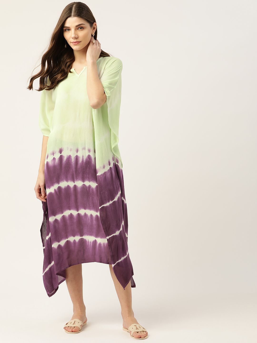 Maaesa Green & Purple Dyed Crepe Kaftan Midi Dress Price in India