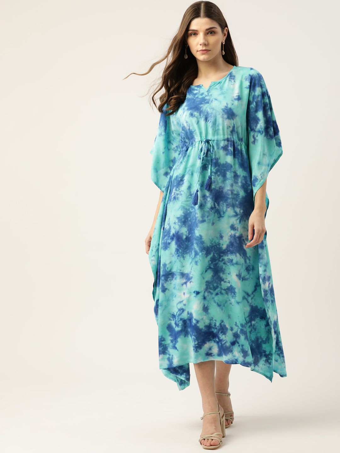 Maaesa Blue & Sea Green Dyed Crepe Kaftan Midi Dress Price in India