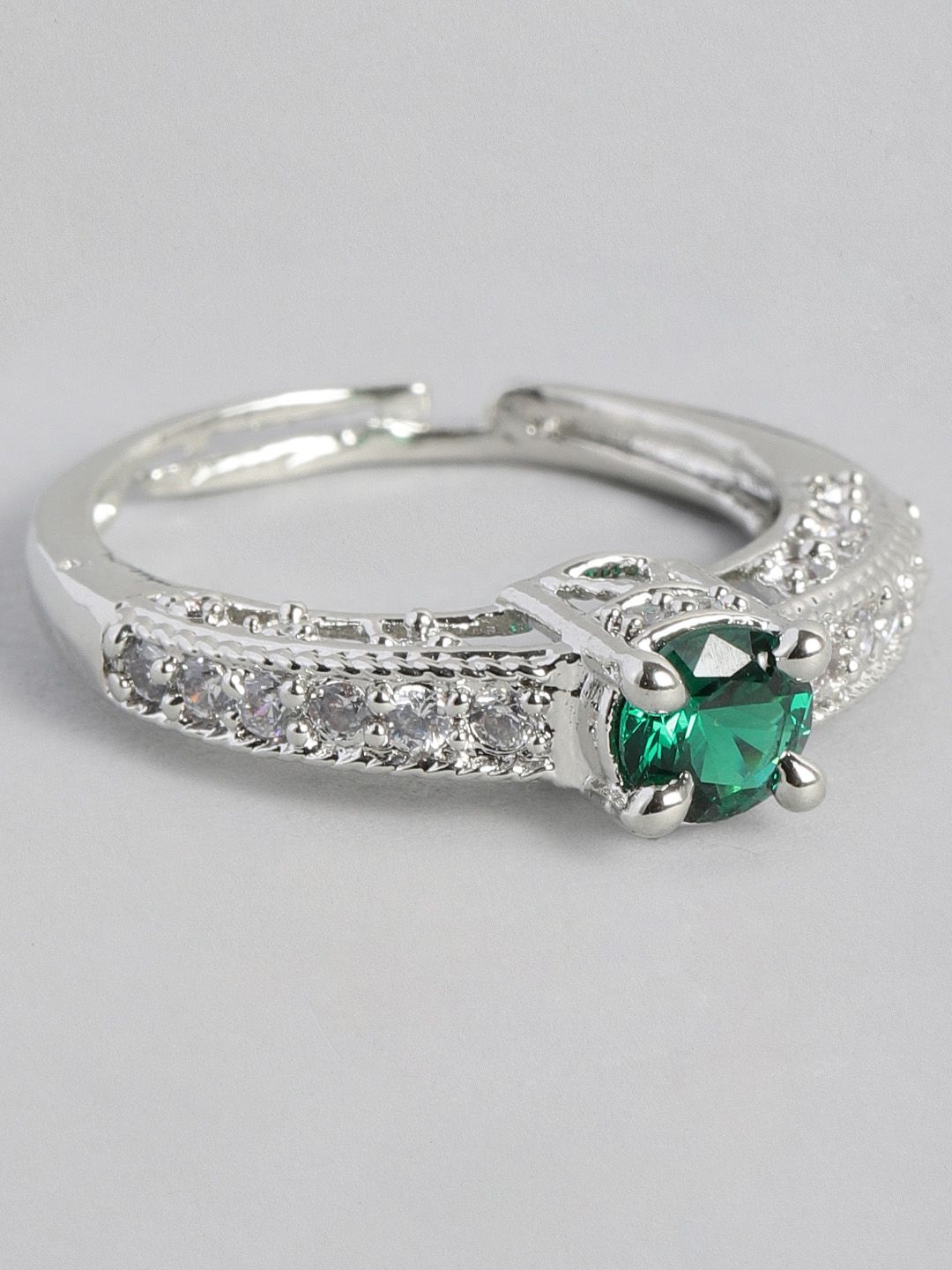 I Jewels Silver-Plated Green Stone Studded Adjustable Finger Ring Price in India