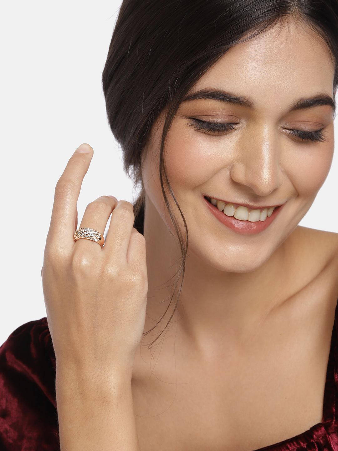 I Jewels White Rose Gold-Plated AD Studded Adjustable Finger Ring Price in India