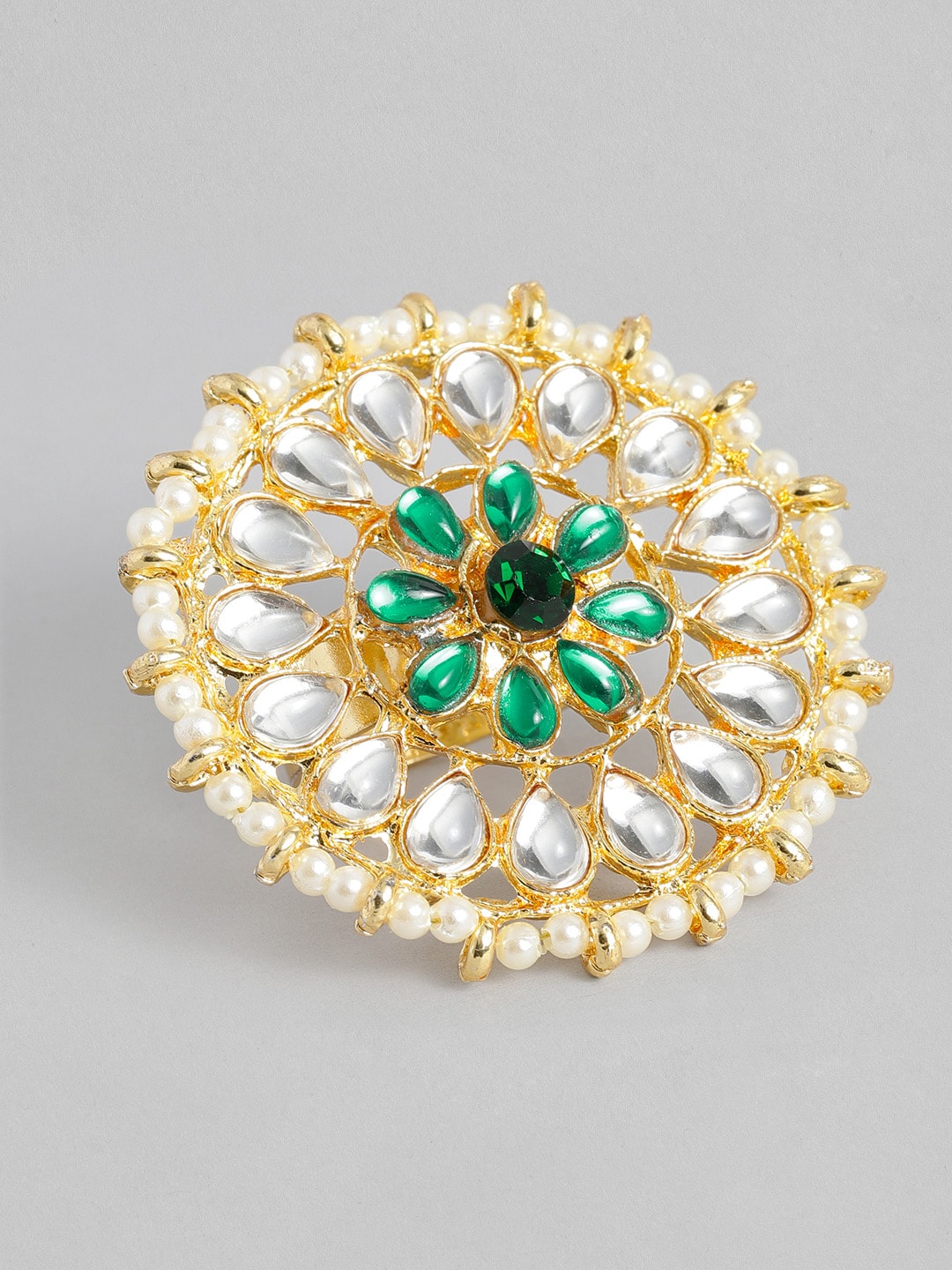 I Jewels Gold-Plated White & Green Kundan-Studded Pearl Finger Ring Price in India