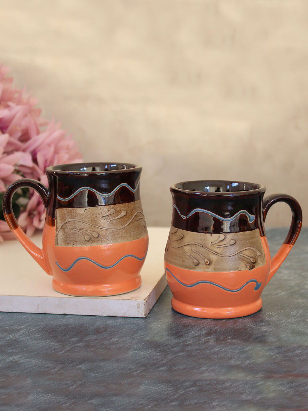 TIED RIBBONS Set Of 2 Orange & Beige Printed Ceramic Glossy Coffee Mugs Price in India