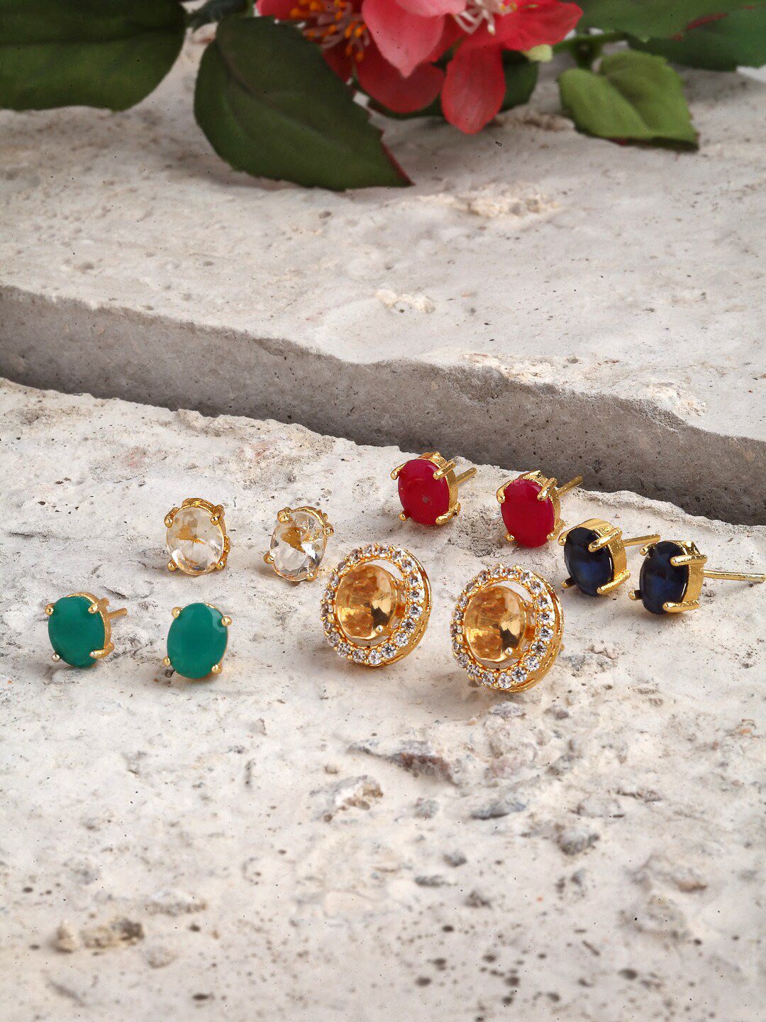 ZENEME Gold Plated Set of 5 Interchangeable Oval Studs Earrings