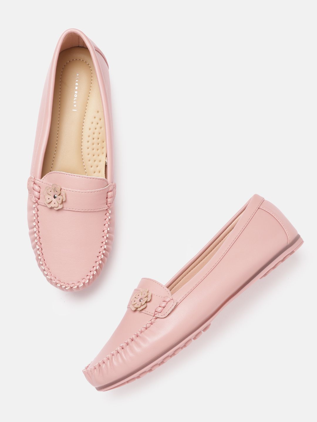 Allen Solly Women Peach-Coloured Solid Loafers with Floral Applique Price in India