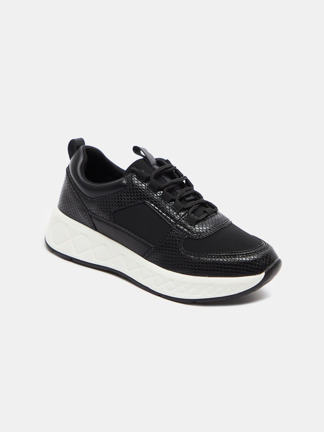 shoexpress Women Black Woven Design PU Sneakers Price in India