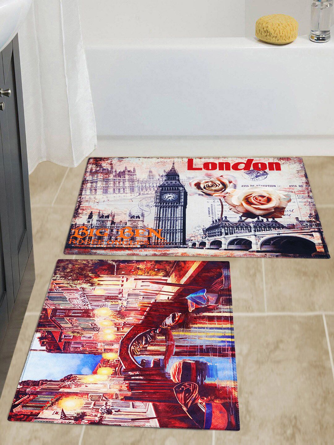 Story@home Set of 2 Printed Red & Blue Anti-Skid Rectangular Doormats Price in India