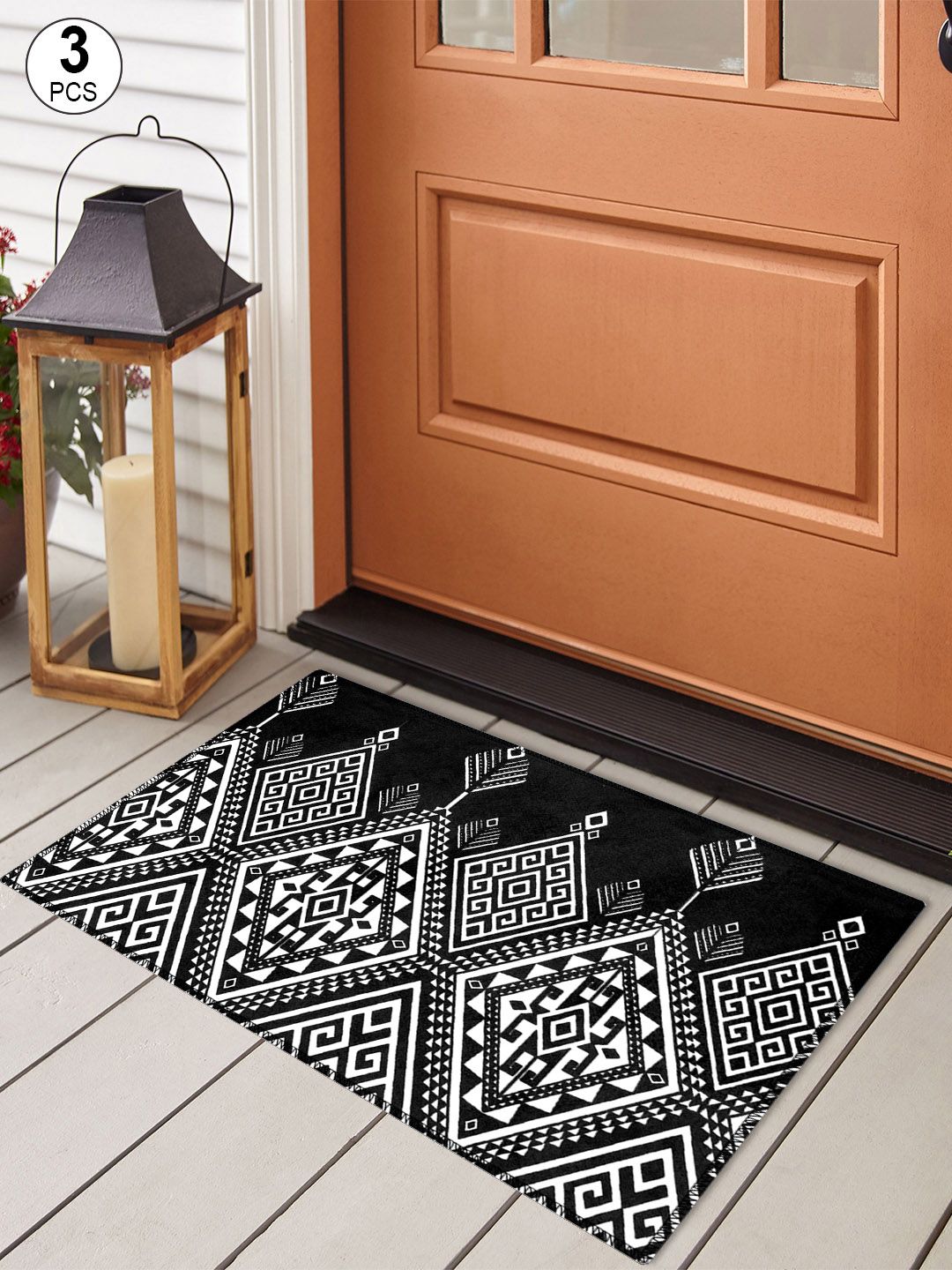 Story@home Set Of 3 Black & White Velvet Finish Anti skid Doormats Price in India