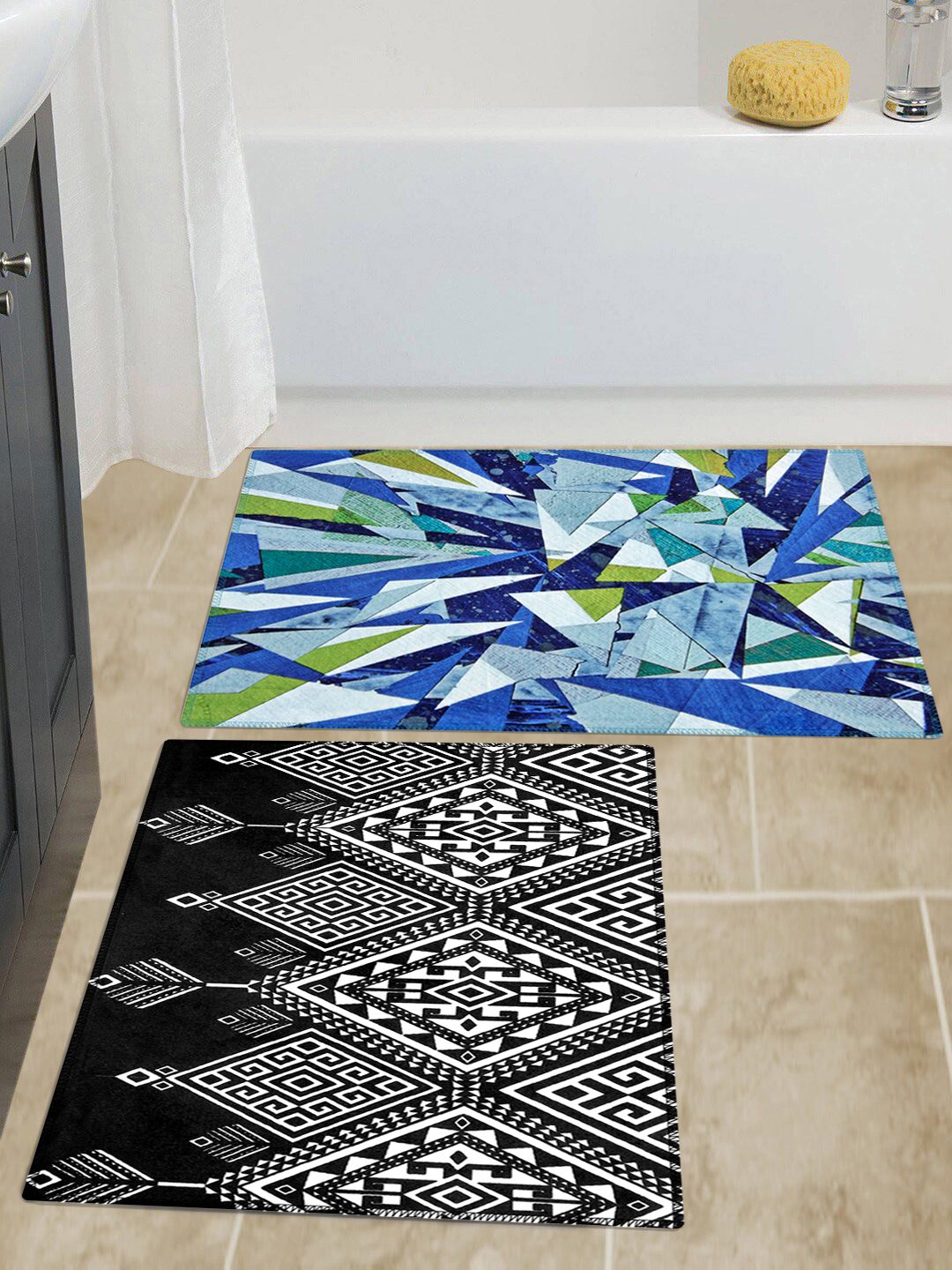 Story@home Set Of 2 Blue & Black Velvet Finish Anti skid Doormat Price in India