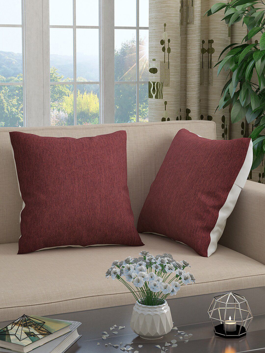 Story@home Maroon Set of 2 Square Cushion Covers Price in India