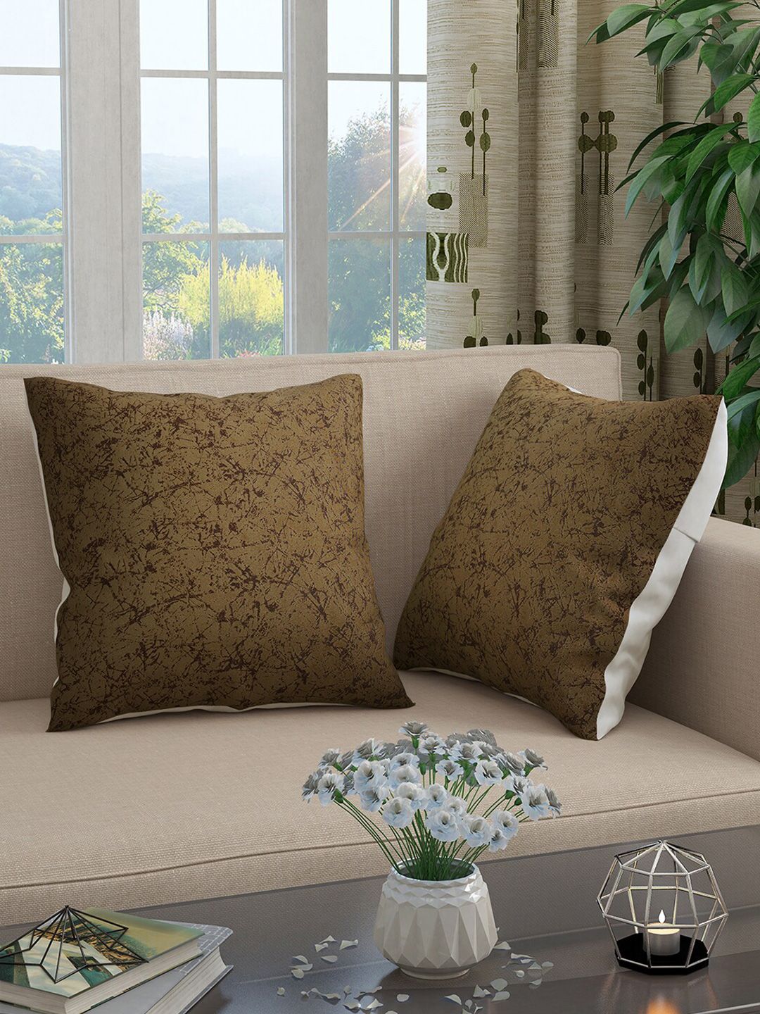 Story@home Gold-Toned Set of 2 Abstract Square Cushion Covers Price in India