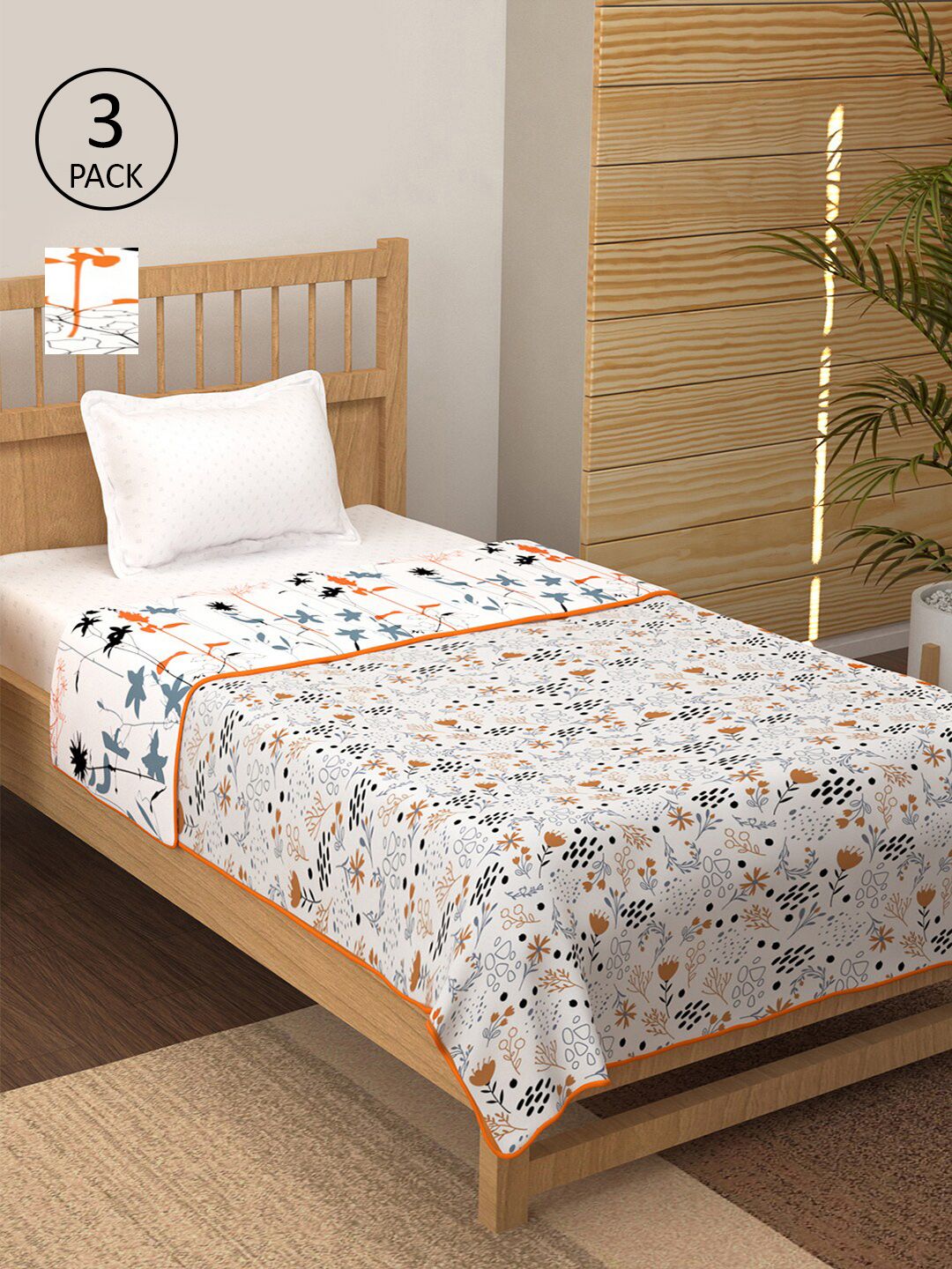 Story@home White & Orange Set of 3 Floral AC Room 150 GSM Single Bed Dohar Price in India