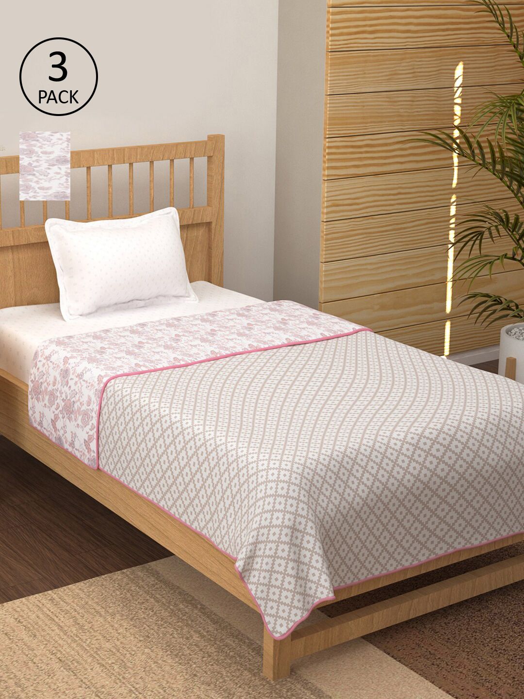 Story@home Set of 3 Pink & White Floral AC Room 200 GSM Single Bed Dohar Price in India