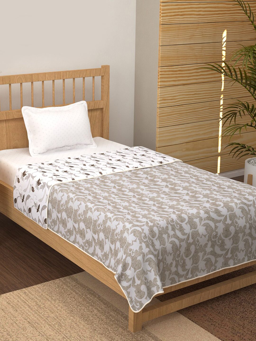 Story@home White & Brown Set of 3 Floral AC Room 150 GSM Single Bed Dohar Price in India