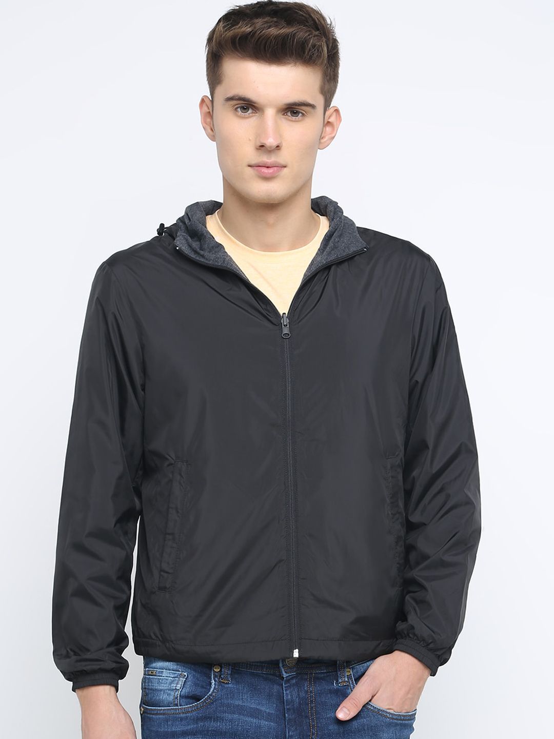 Basics Men Black Solid Reversible Bomber Jacket