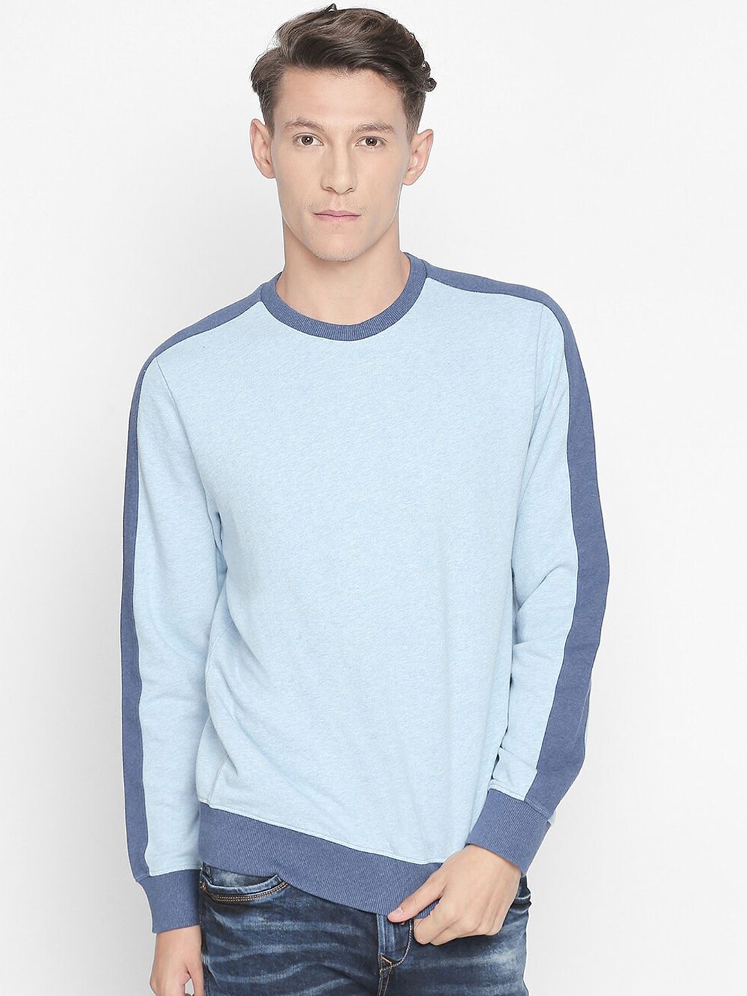 Basics Men Blue Crop Bomber with Embroidered Jacket