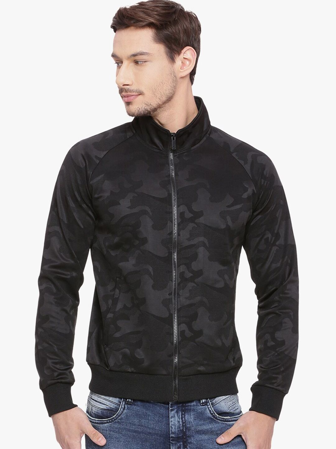 Basics Men Black Camouflage Crop Bomber Jacket