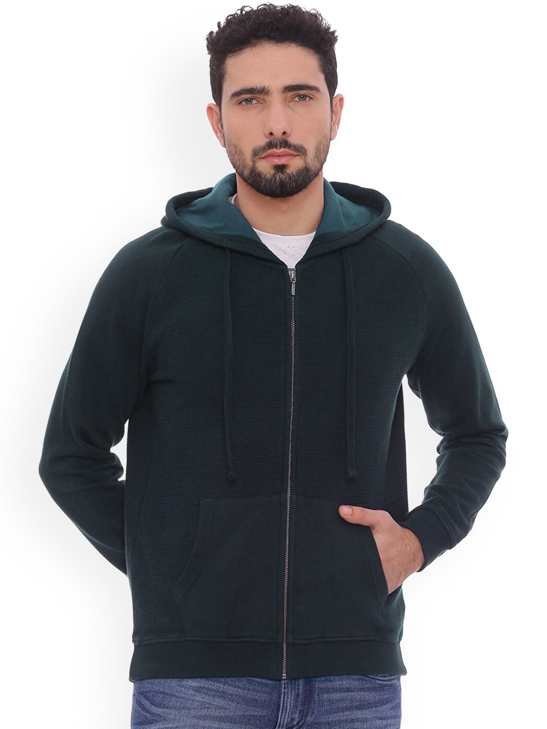 Basics Men Navy Blue Striped Hooded Bomber Jacket
