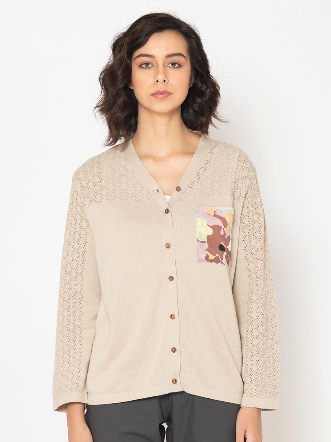 SHAYE Women Beige Pure Cotton Cardigan Price in India