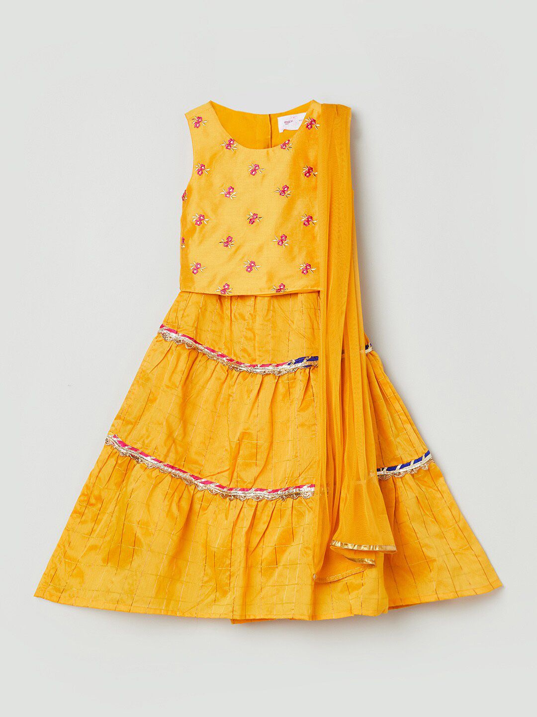 max Girls Yellow & Pink Embellished Ready to Wear Lehenga & Blouse With Dupatta