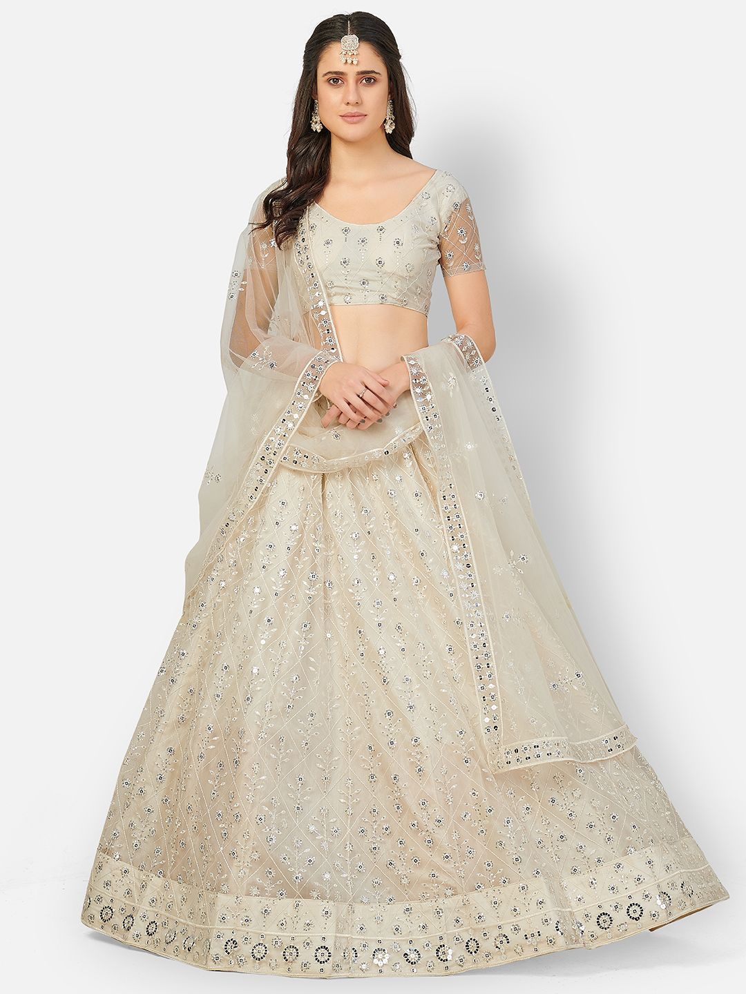 SHOPGARB Off White & Silver-Toned Embroidered Semi-Stitched Lehenga & Unstitched Blouse Price in India