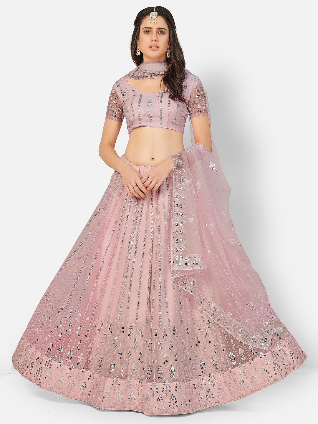 SHOPGARB Peach & Silver-Toned Semi-Stitched Lehenga & Unstitched Blouse With Net Dupatta Price in India
