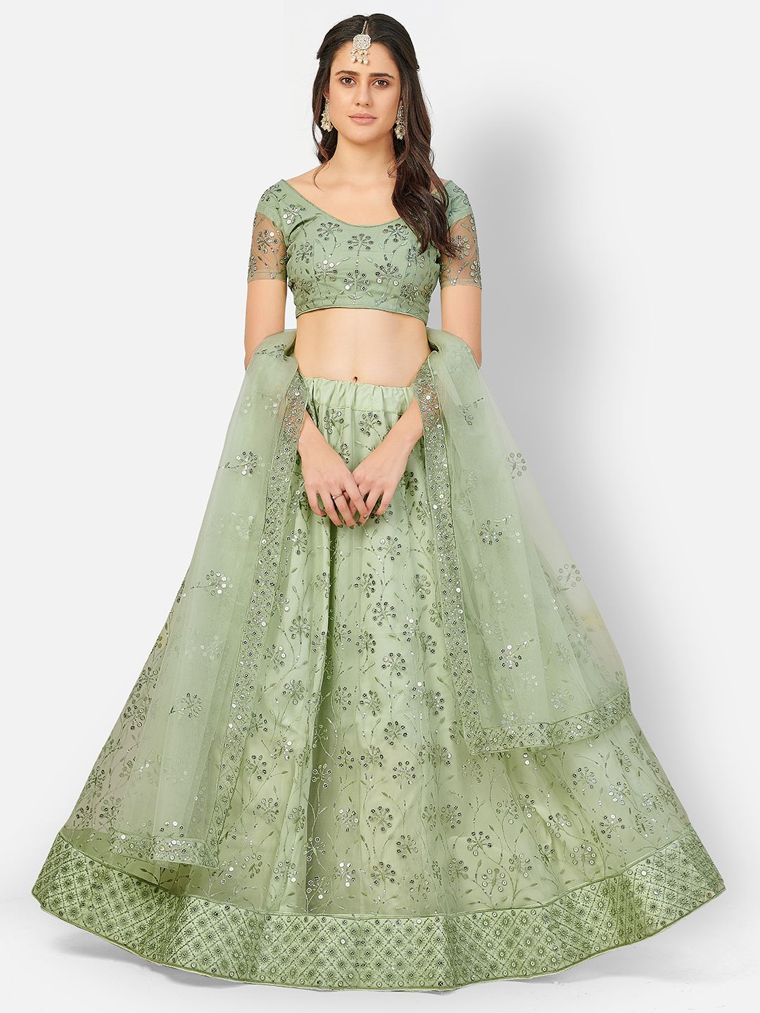 SHOPGARB Sea Green & Silver-Toned Embroidered Semi-Stitched Lehenga & Unstitched Blouse Price in India