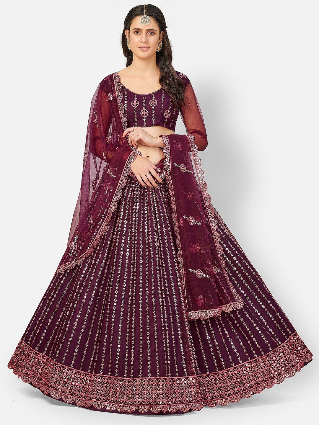 SHOPGARB Maroon Embroidered Semi-Stitched Lehenga & Unstitched Blouse With Dupatta Price in India