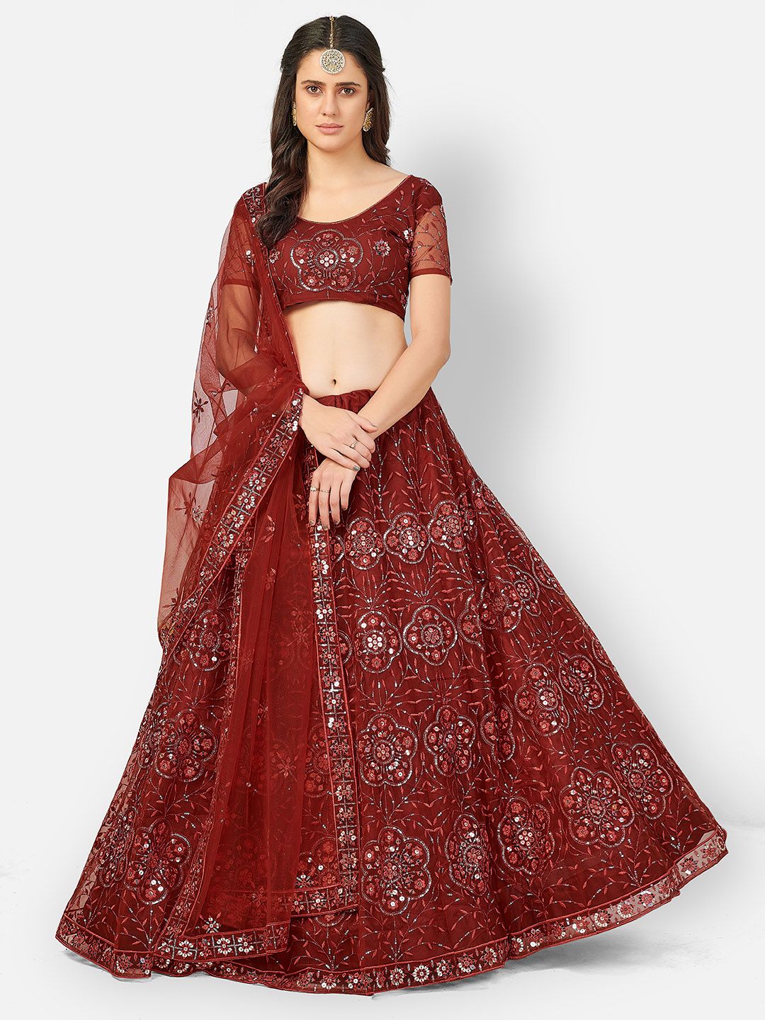 SHOPGARB Maroon & Silver-Toned Embroidered Sequinned Semi-Stitched Lehenga & Unstitched Blouse With Dupatta Price in India