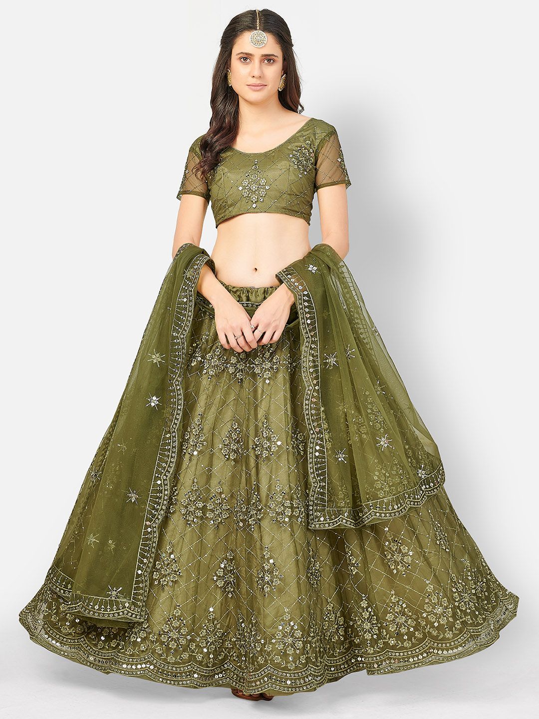 SHOPGARB Lime Green & Silver-Toned Embroidered Semi-Stitched Lehenga & Unstitched Blouse Price in India