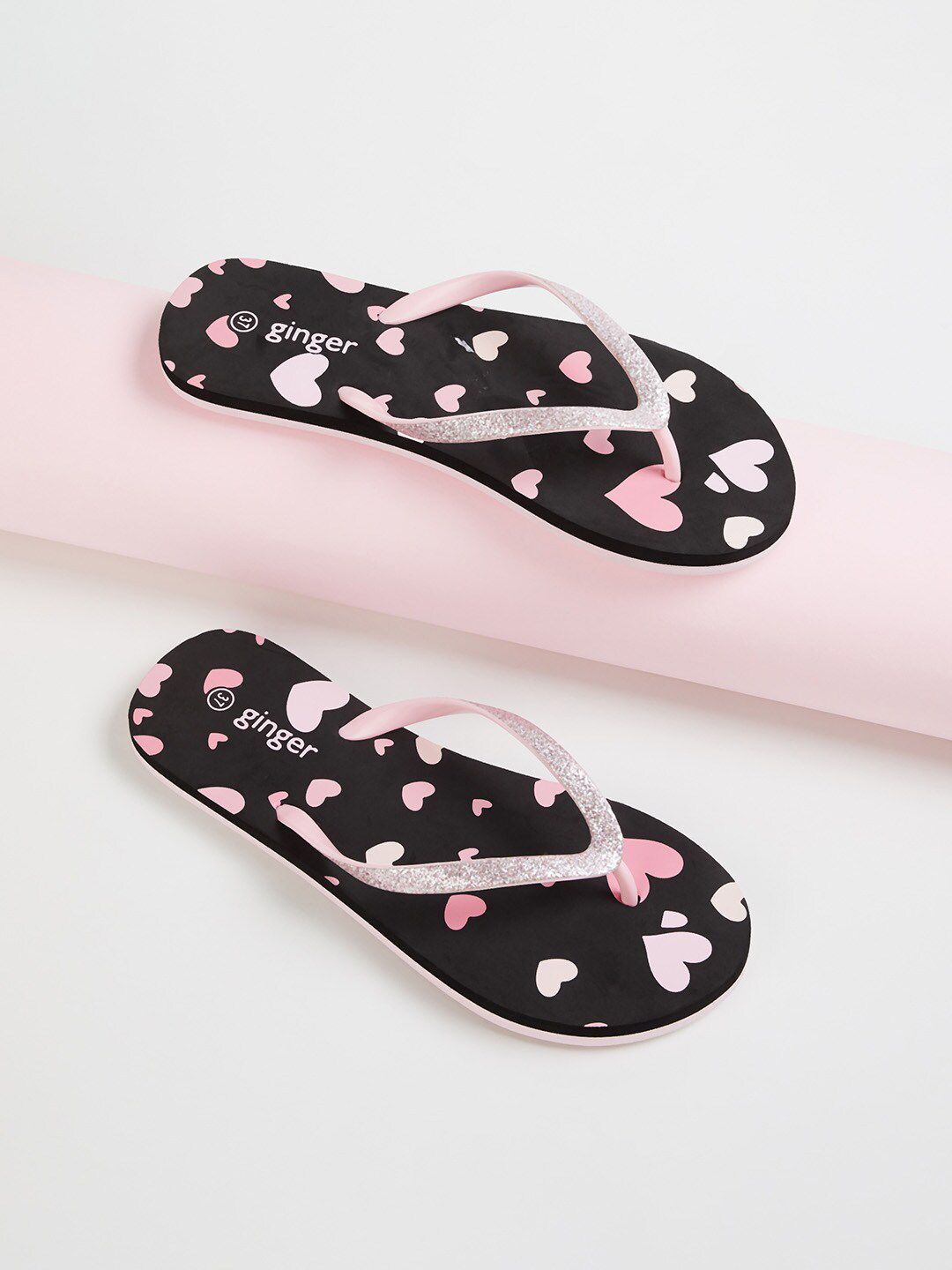 Ginger by Lifestyle Women Black & Pink Printed Thong Flip-Flips Price in India