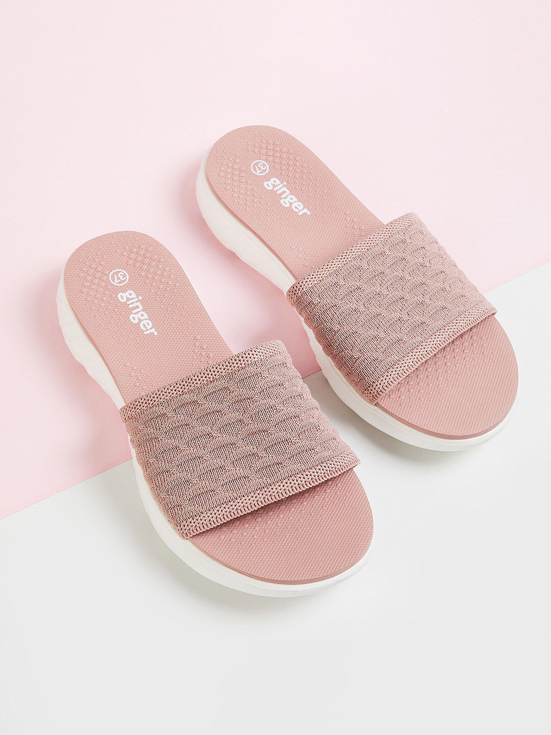 Ginger by Lifestyle Women Pink & White Printed Sliders Price in India