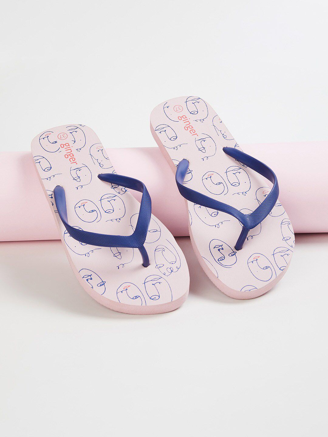 Ginger by Lifestyle Women Navy Blue & Pink Printed Thong Flip-Flops Price in India