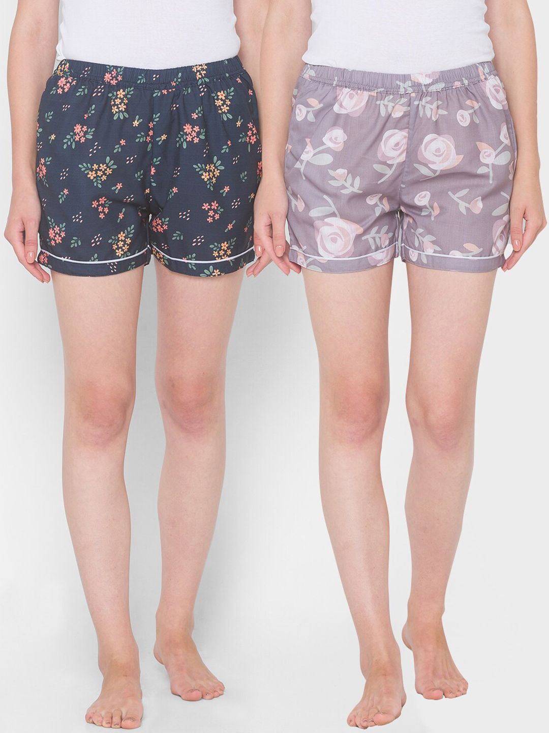 FashionRack Women Pack Of 2 Yellow & Navy Blue Printed Cotton Lounge Shorts Price in India