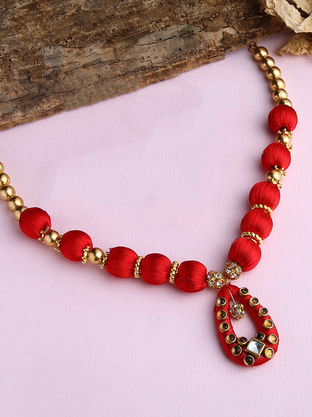 AKSHARA Red & Gold-Plated Silk Thread Necklace Price in India