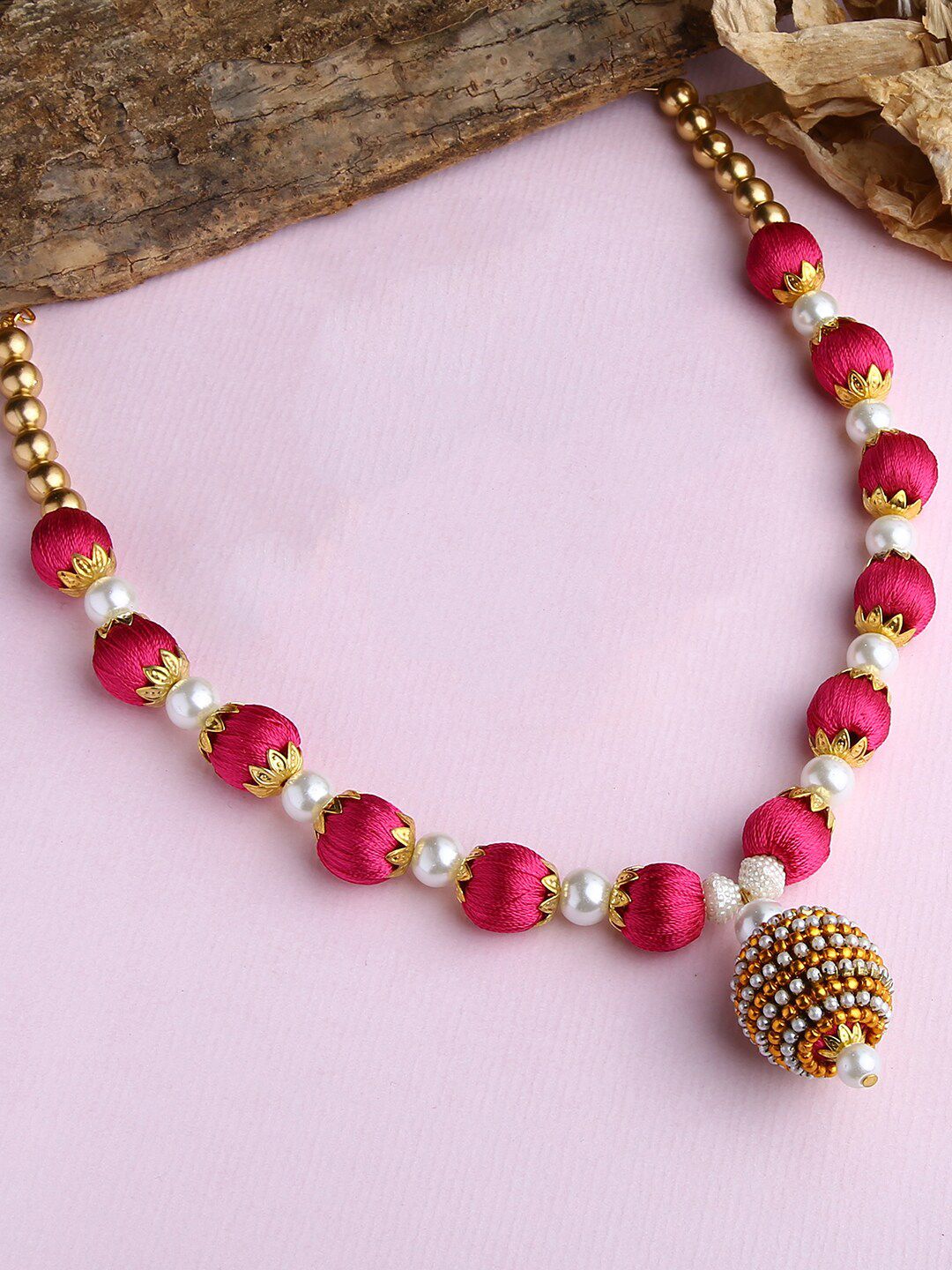 AKSHARA Pink & Gold-Plated Silk Thread Necklace Price in India