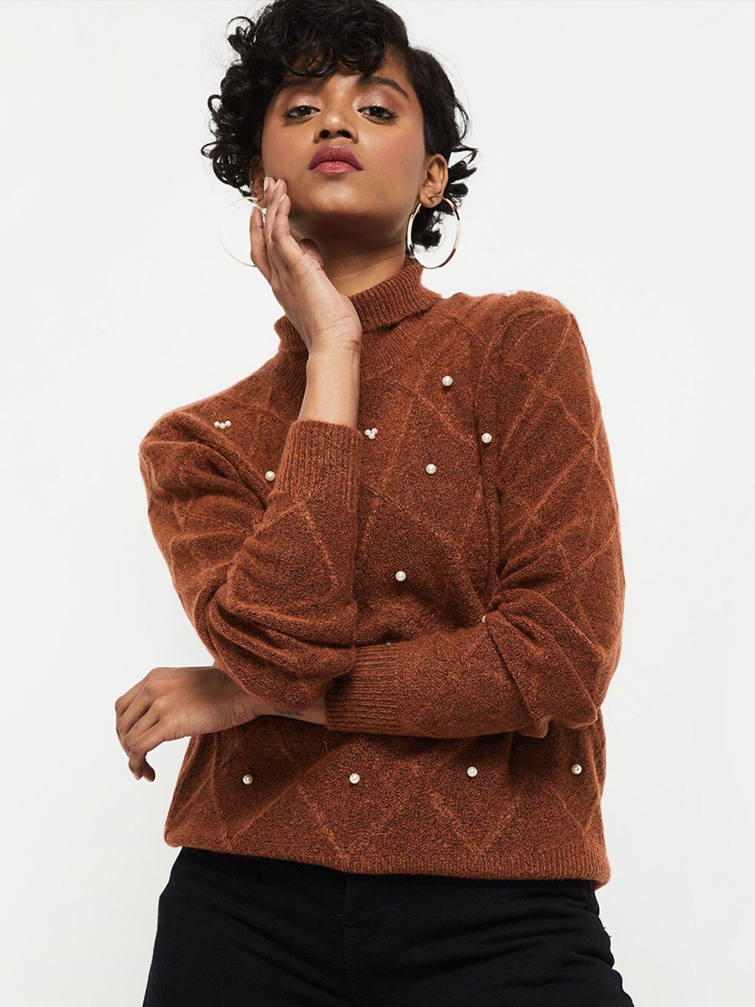 max Women Rust & White Pullover with Embellished Detail Price in India