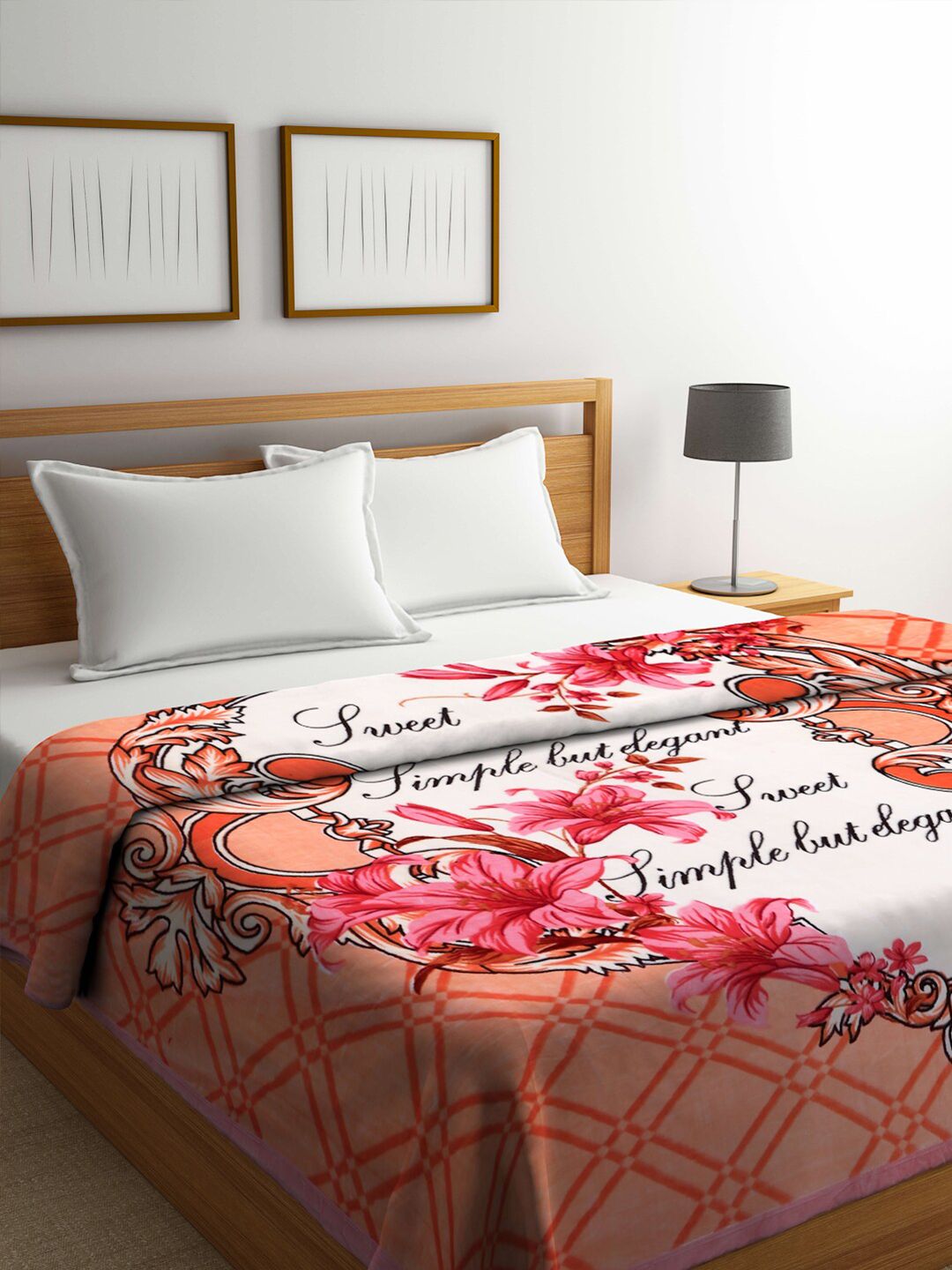 KLOTTHE Orange & Pink Floral 850 GSM Heavy Winter Double Bed Blanket Price in India