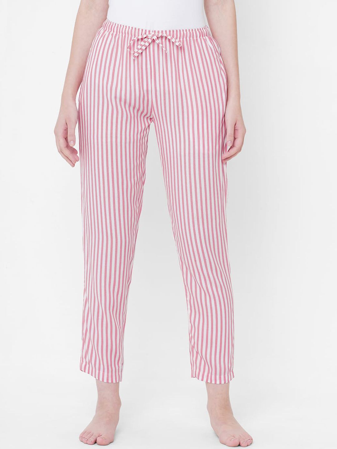 URBAN SCOTTISH Women Pink & White Striped Lounge Pants Price in India