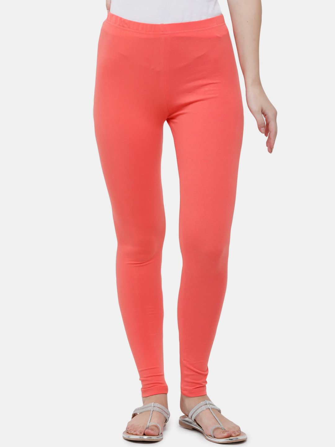 De Moza Women Coral Pink Solid Ankle Length Leggings Price in India