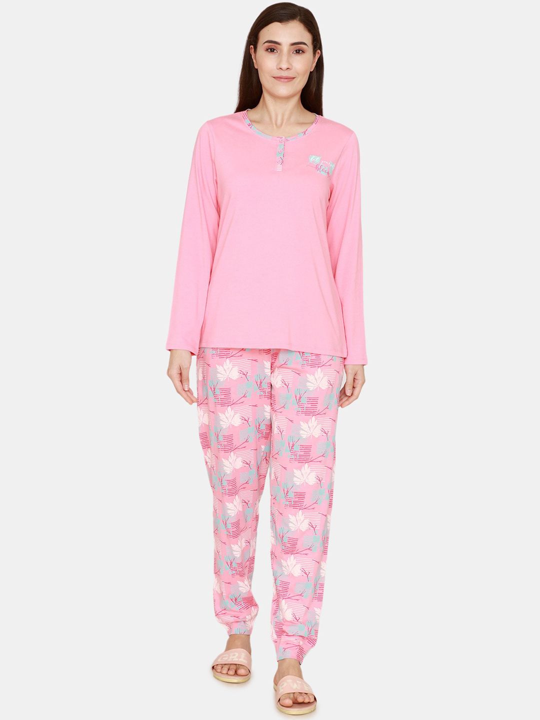 Zivame Women Pink & Blue Pure Cotton Night suit Price in India