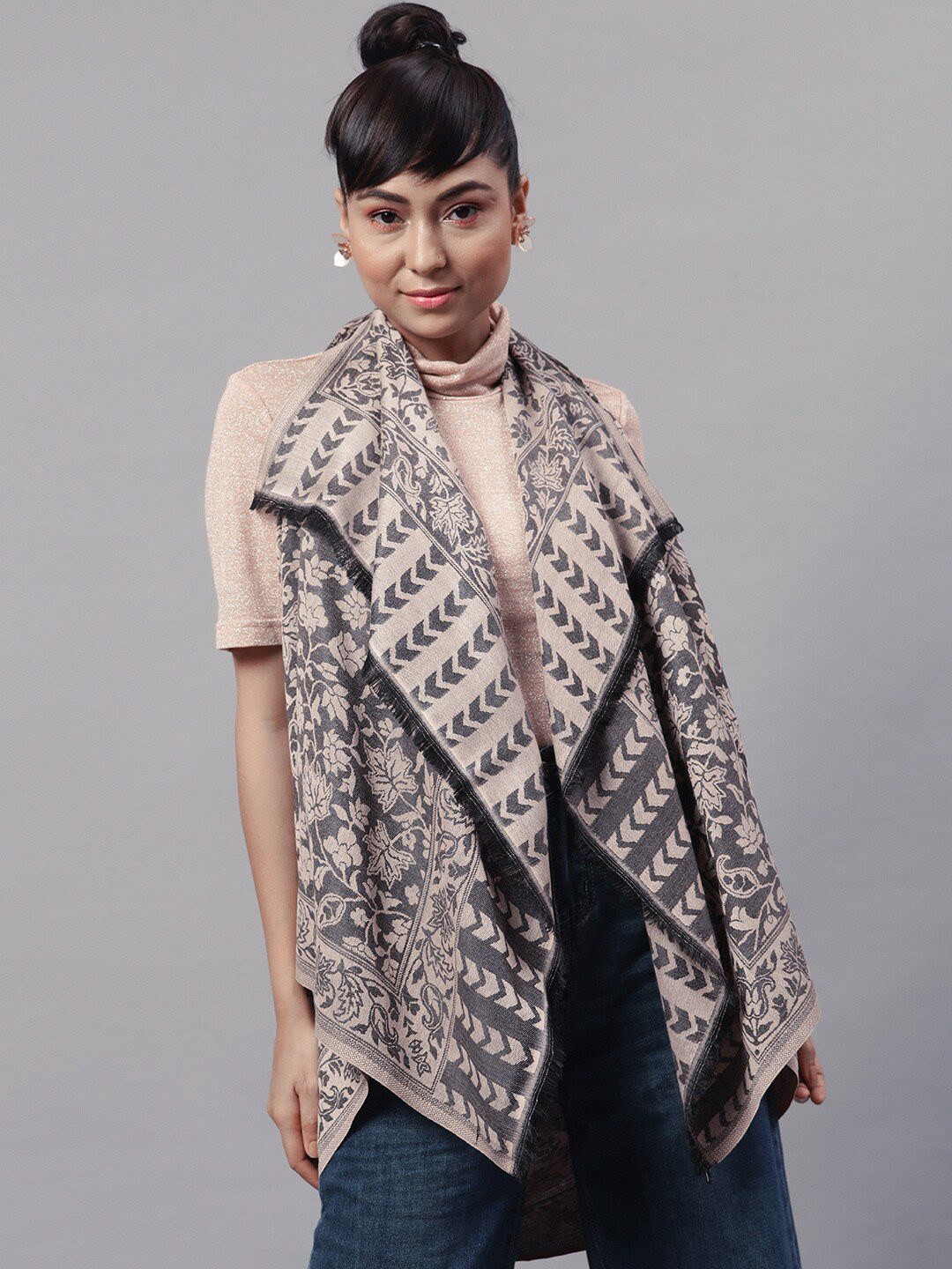 STREET 9 Women Grey & Beige Printed Stole Price in India