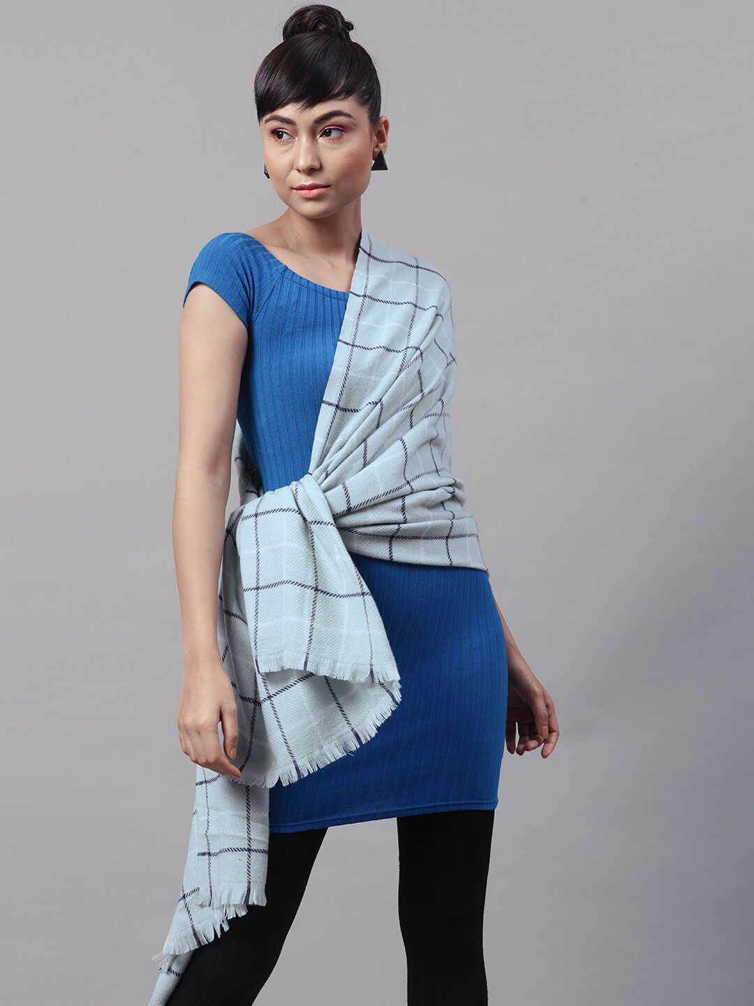 STREET 9 Women Blue & White Checked Pure Acrylic Stole Price in India