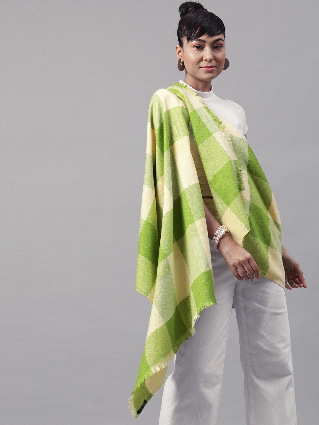 STREET 9 Women Fluorescent Green & Beige Checked Stole Price in India