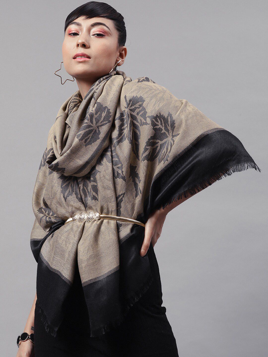 STREET 9 Women Beige & Black Woven Design Pure Acrylic Stole Price in India