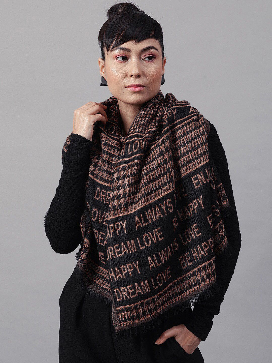 STREET 9 Women Brown & Black Printed Stole Price in India