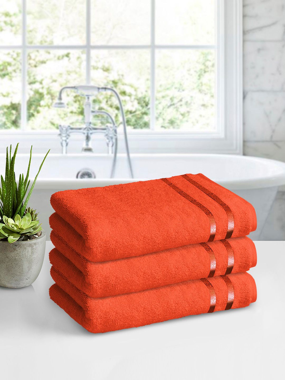 Story@home Set Of 3 Orange Solid Pure Cotton 450 GSM Medium Bath Towels Price in India