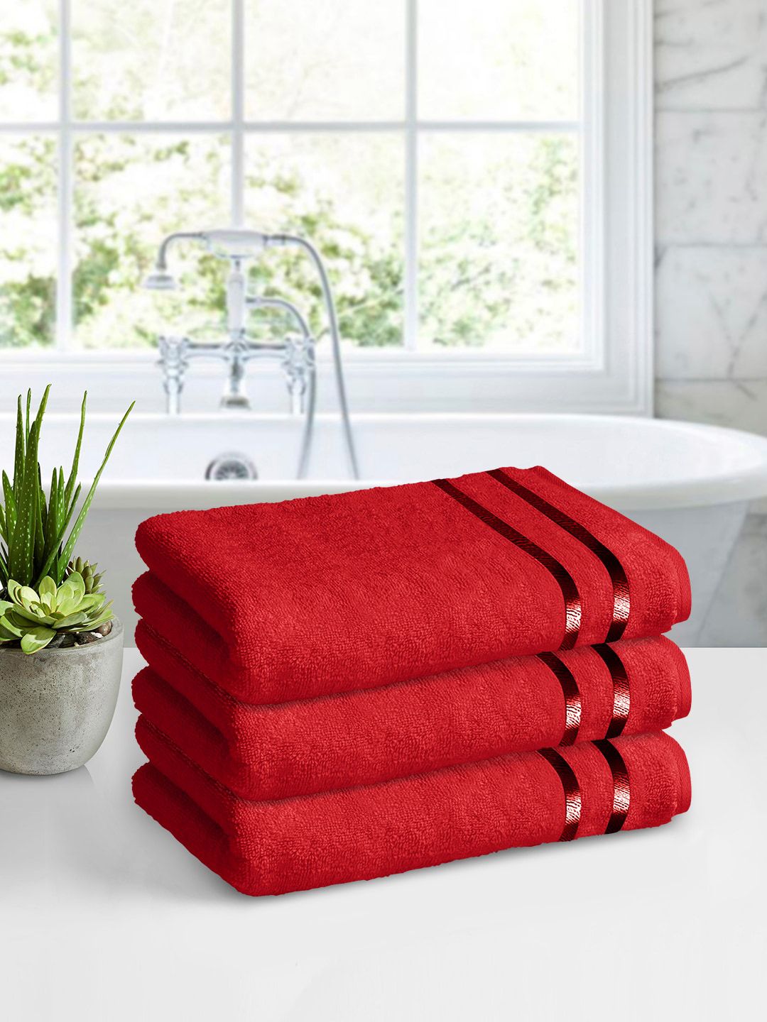 Story@home Set Of 3 Red Solid Cotton 450GSM Medium Size Bath Towels Price in India