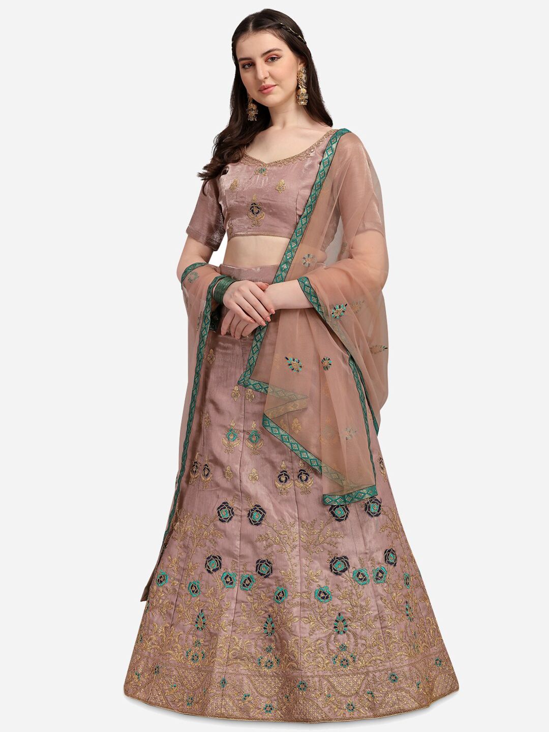 Satrani Brown & Green Embroidered Semi-Stitched Lehenga & Unstitched Blouse & Net Dupatta Price in India