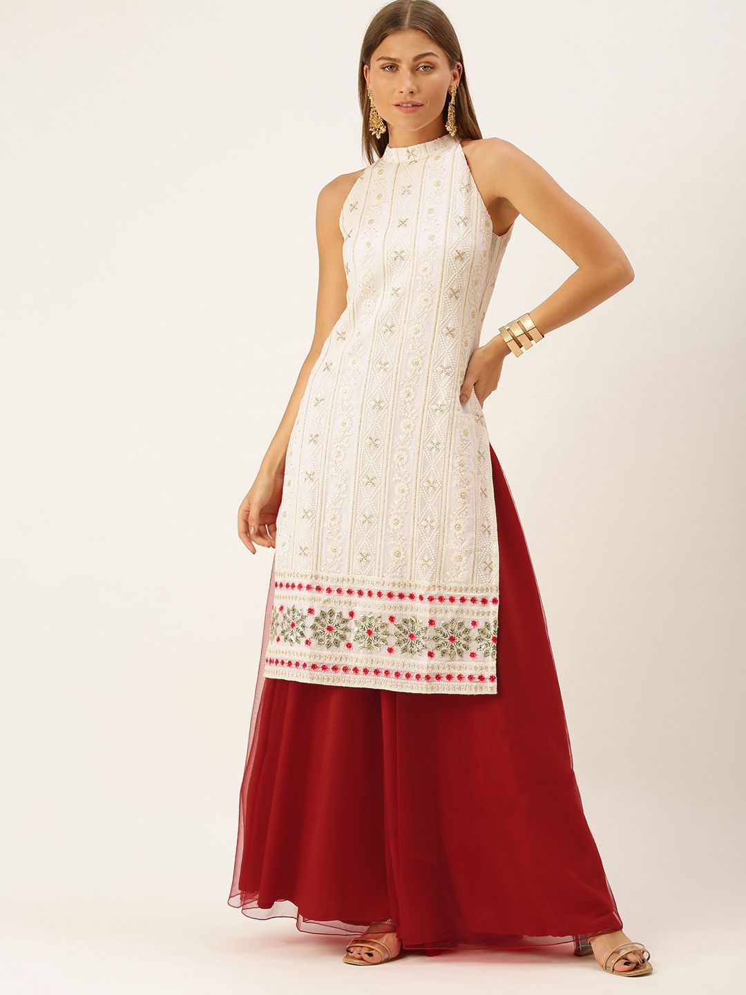 EthnoVogue Off White & Red Embroidered Sequinned Made to Measure Lehenga & Choli Price in India