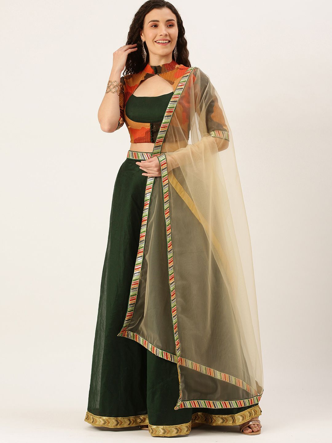 EthnoVogue Green & Peach-Coloured Printed Made to Measure Lehenga Set